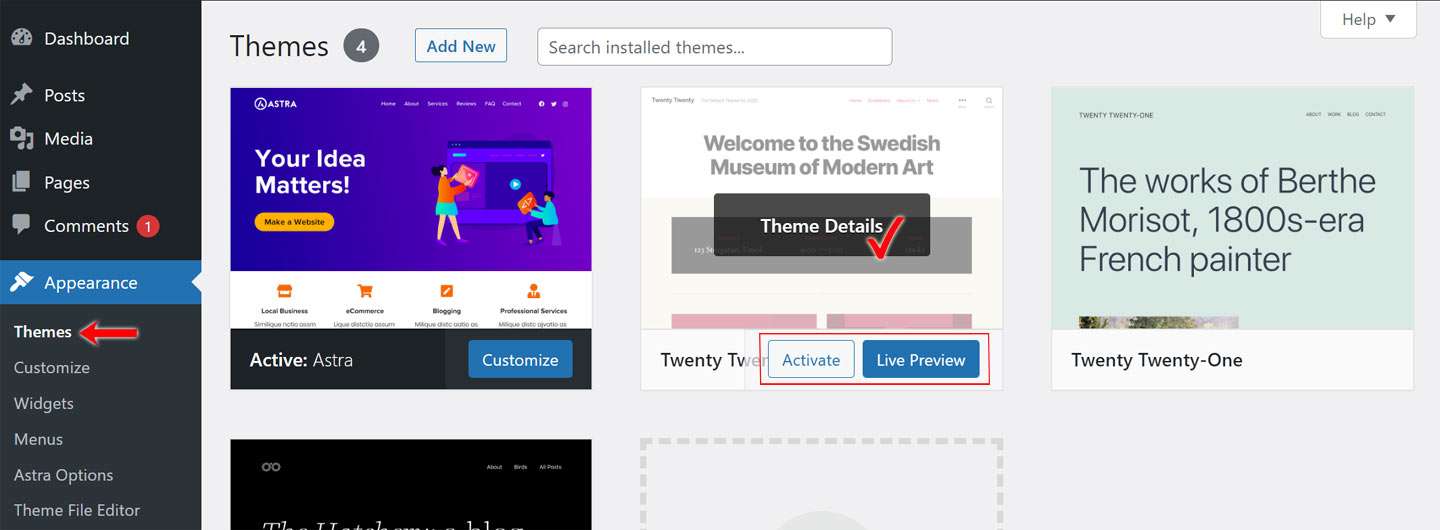 access wordpress themes option