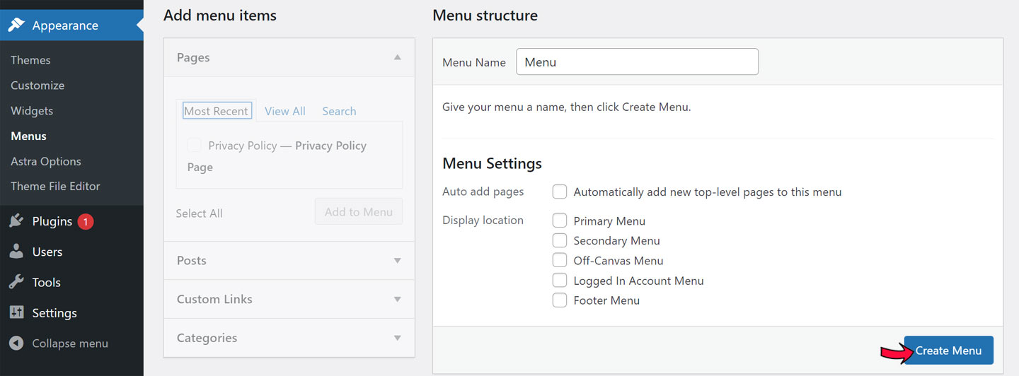 create wordpress menu