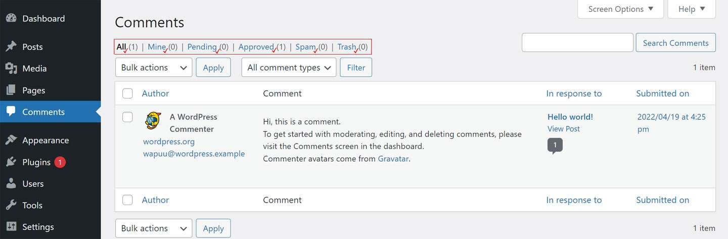 wordPress comments dashboar