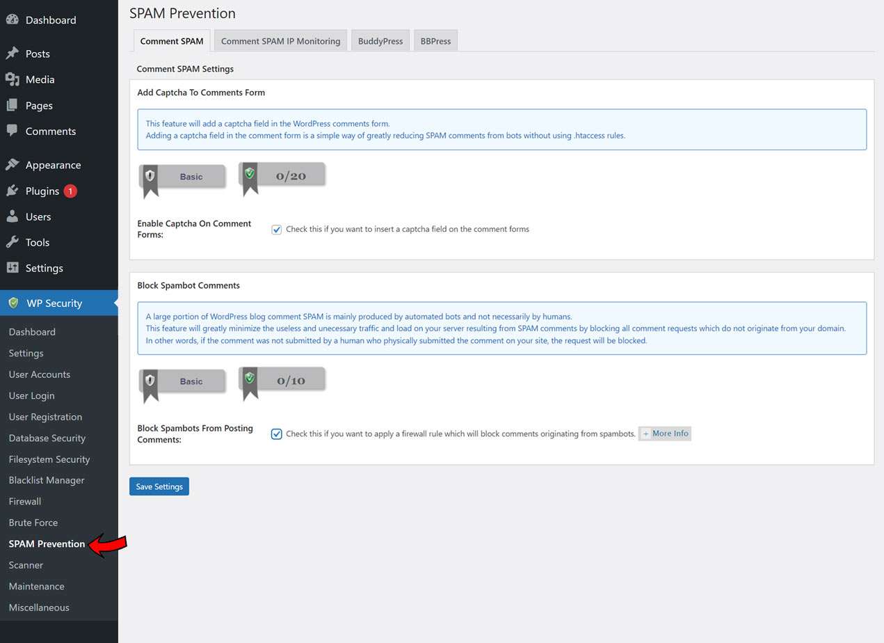 Comment SPAM Settings